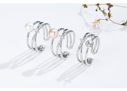 Sterling Silver White Gold Plated Elegant Glam Luxurious Polishing Plating Inlay Lines Pearl Zircon Open Rings