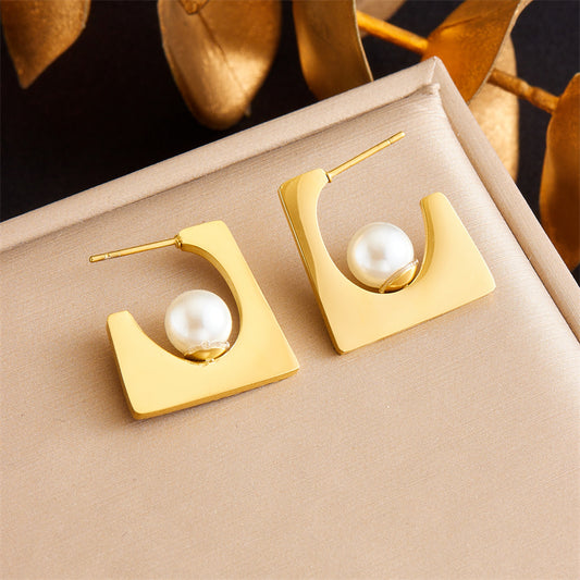 1 Pair Vintage Style Classic Style Solid Color Plating Inlay 304 Stainless Steel Pearl 18K Gold Plated Ear Studs