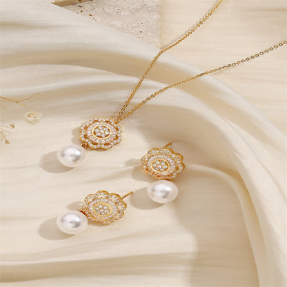 Copper 18K Gold Plated Simple Style Shiny Hollow Out Inlay Flower Pearl Zircon Jewelry Set