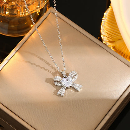 Stainless Steel Gold Plated Silver Plated Casual Commute Heart Shape Mermaid Bow Knot Hollow Out Inlay Zircon Pendant Necklace