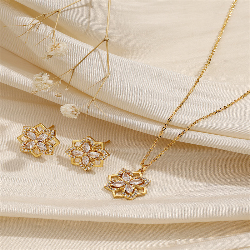 Copper 18K Gold Plated IG Style Sweet Hollow Out Inlay Flower Zircon Jewelry Set