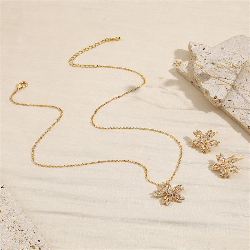 Copper 18K Gold Plated IG Style Shiny Inlay Flower Zircon Jewelry Set