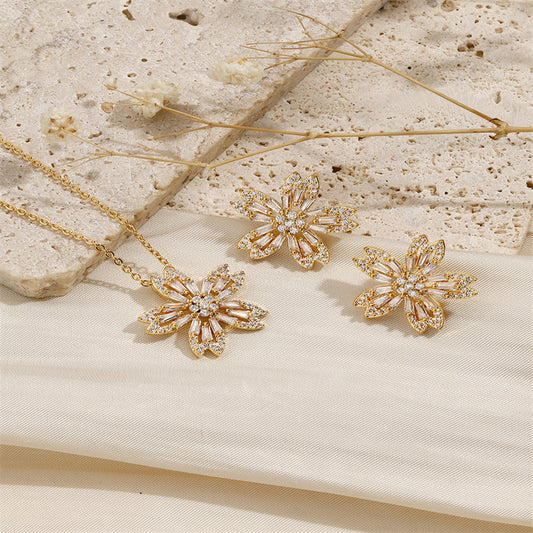 Copper 18K Gold Plated IG Style Shiny Inlay Flower Zircon Jewelry Set