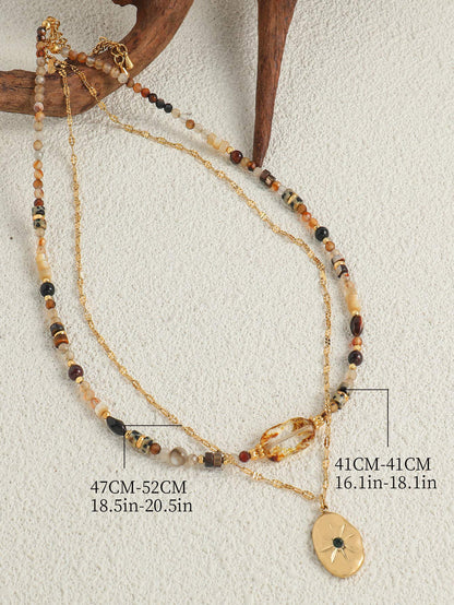 Elegant Vacation Streetwear Geometric Stone Shell Copper Beaded 18K Gold Plated Women's Double Layer Necklaces