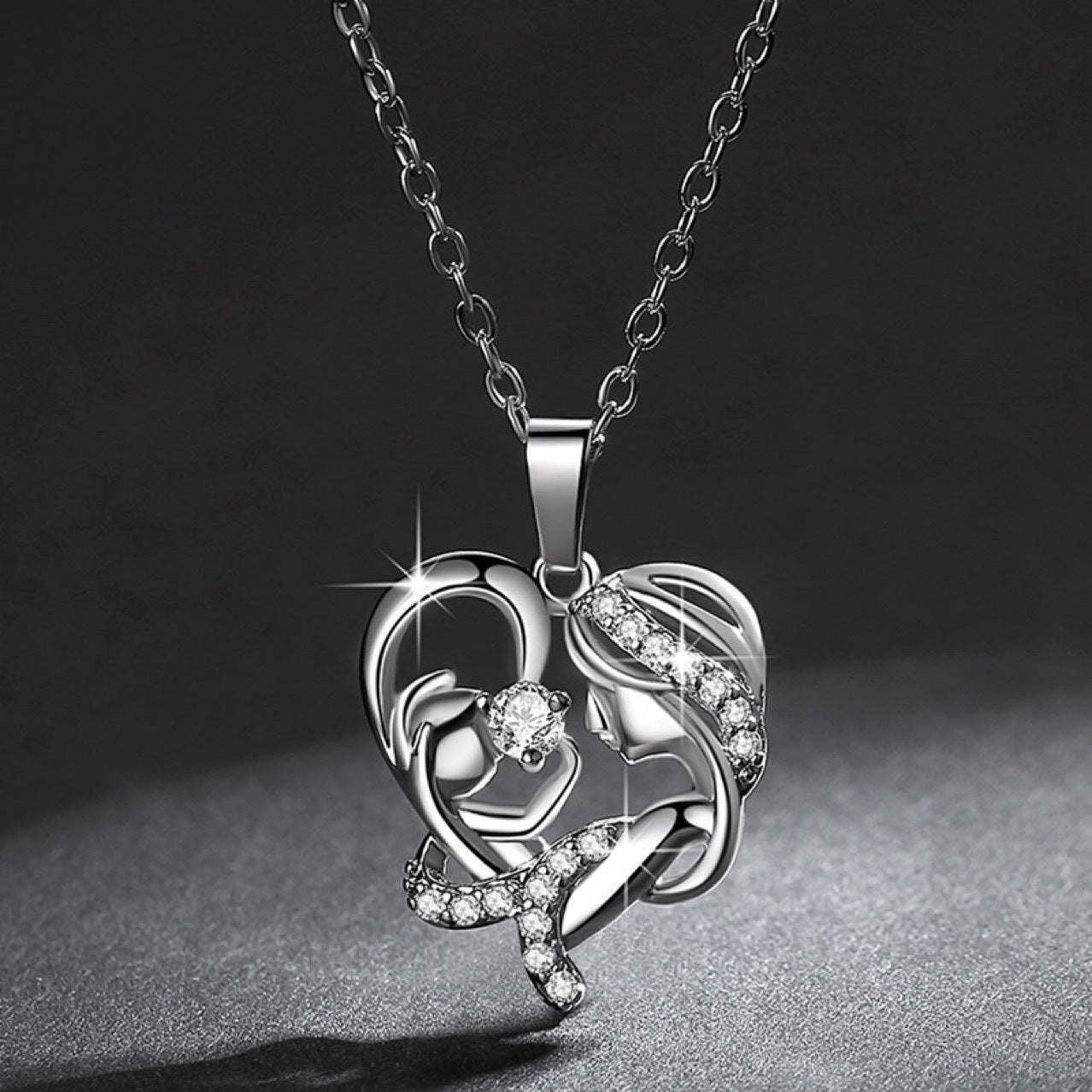Copper MAMA Inlay Heart Shape Zircon Pendant Necklace