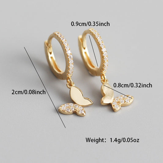 1 Pair Sweet Streetwear Butterfly Inlay Sterling Silver Zircon White Gold Plated Gold Plated Drop Earrings