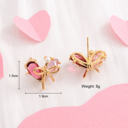 1 Pair Simple Style Classic Style Heart Shape Bow Knot Plating Inlay Copper Zircon 18K Gold Plated Ear Studs