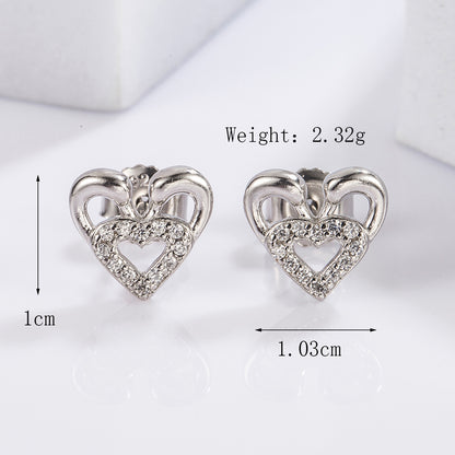 1 Pair Elegant Romantic Shiny Triangle Heart Shape Crown Inlay Carving Sterling Silver Zircon White Gold Plated Ear Studs