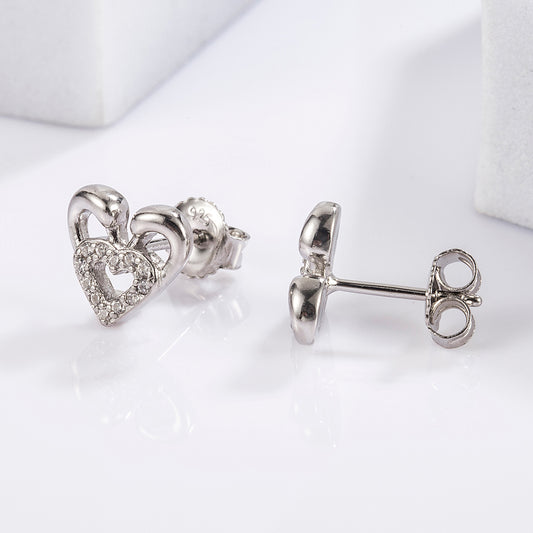1 Pair Elegant Romantic Shiny Triangle Heart Shape Crown Inlay Carving Sterling Silver Zircon White Gold Plated Ear Studs