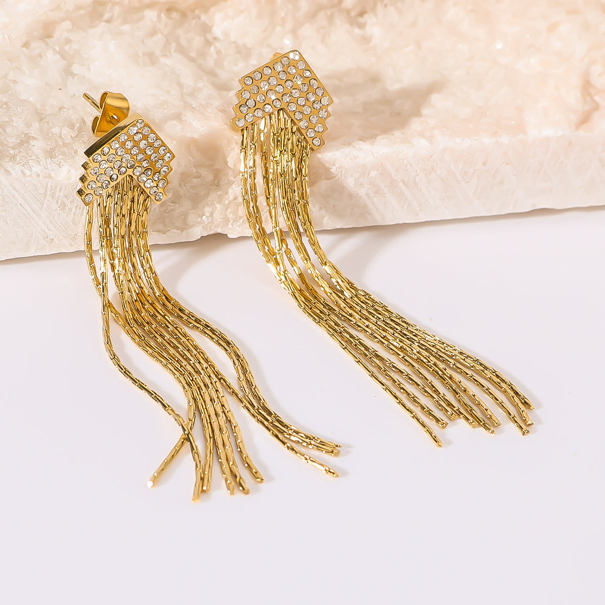 1 Pair IG Style Simple Style Shiny Tassel Lines Inlay 316 Stainless Steel  Rhinestones 18K Gold Plated Drop Earrings