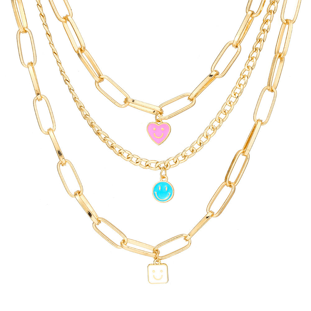 New Fashion Smiley Face Necklace Personality Cartoon Peach Heart Square Smiley Face Multi-layer Necklace Female