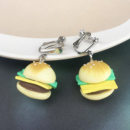 Creative Hand-made Soft Pottery Burger Earrings Cute Funny Ear Clips