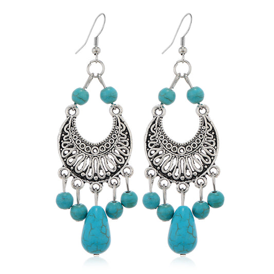 1 Pair Ethnic Style Classic Style Moon Water Droplets Inlay Alloy Turquoise Drop Earrings