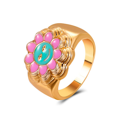 Streetwear Smiley Face Flower Alloy Enamel Plating Women's Rings