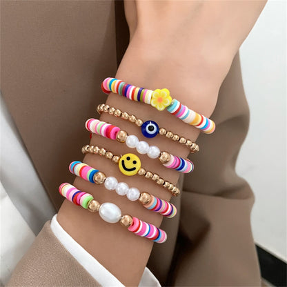 Retro Vacation Devil's Eye Smiley Face Flower Imitation Pearl Soft Clay Copper Beaded Plating Gold Plated Silver Plated Women's Bracelets