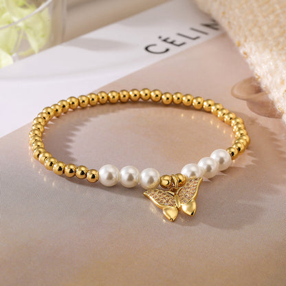 Simple Style Commute Butterfly Imitation Pearl Copper 18k Gold Plated Zircon Bracelets In Bulk