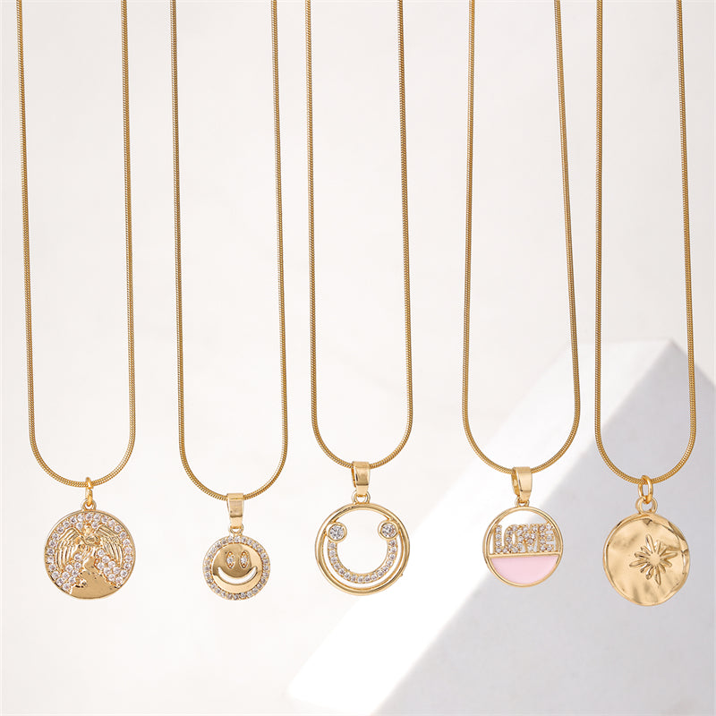 Ig Style Simple Style Round Smiley Face Stainless Steel Copper Plating Inlay Zircon Gold Plated Pendant Necklace