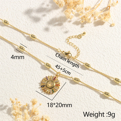 Copper 18K Gold Plated IG Style Sunflower Smiley Face Beaded Inlay Zircon Layered Necklaces