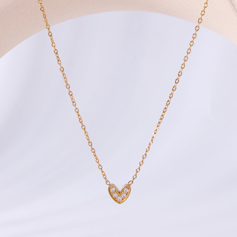 Titanium Steel 18K Gold Plated Luxurious Romantic Shiny Plating Inlay Heart Shape Artificial Rhinestones Pendant Necklace