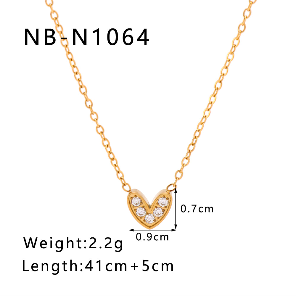 Titanium Steel 18K Gold Plated Luxurious Romantic Shiny Plating Inlay Heart Shape Artificial Rhinestones Pendant Necklace