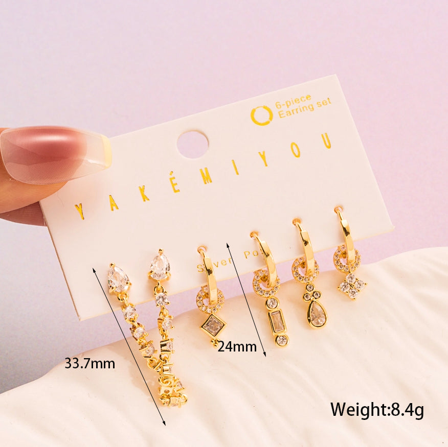 Copper 14K Gold Plated IG Style Cute Inlay Geometric Zircon Drop Earrings