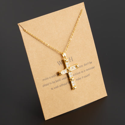 Vintage Style Geometric Cross Stainless Steel Plating Inlay Rhinestones Pearl Zircon 18k Gold Plated Pendant Necklace