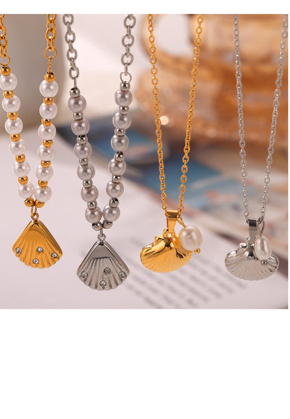 Freshwater Pearl Titanium Steel 18K Gold Plated Casual Simple Style Commute Inlay Shell Rhinestones Earrings Necklace