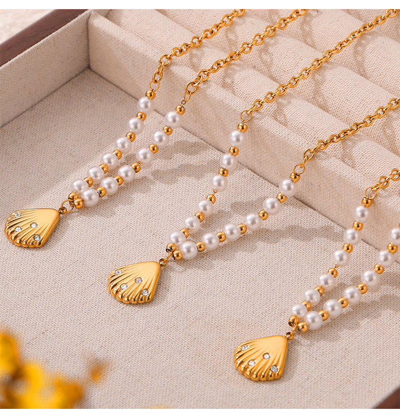 Freshwater Pearl Titanium Steel 18K Gold Plated Casual Simple Style Commute Inlay Shell Rhinestones Earrings Necklace