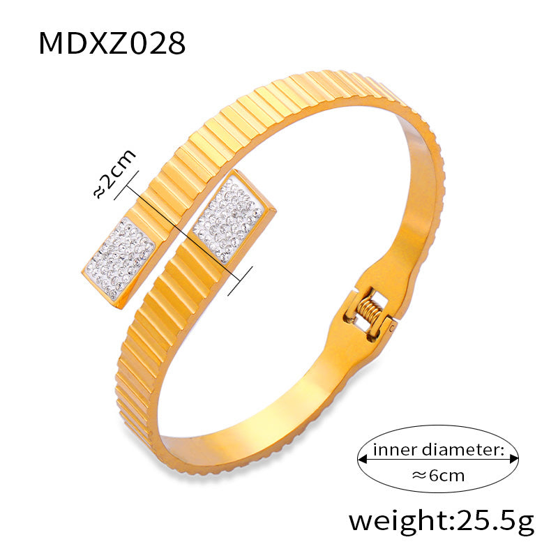 Titanium Steel 18K Gold Plated Retro Simple Style Plating Inlay Crown Bamboo Rhinestones Bangle