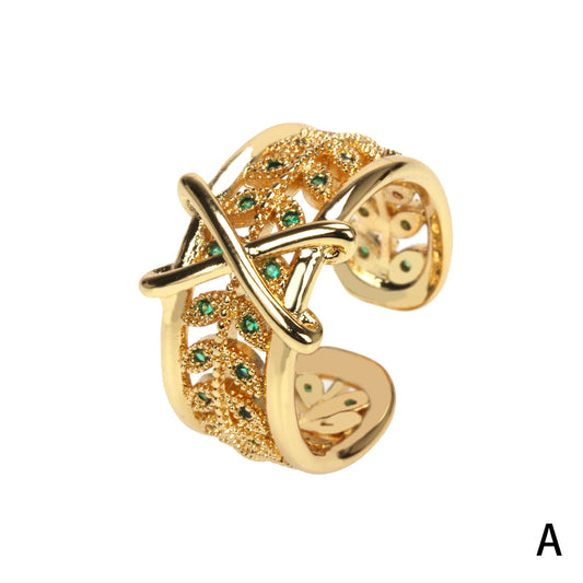 Wholesale IG Style Glam Commute Cross Leaves Copper Hollow Out Inlay 18K Gold Plated Zircon Open Rings