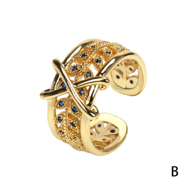 Wholesale IG Style Glam Commute Cross Leaves Copper Hollow Out Inlay 18K Gold Plated Zircon Open Rings