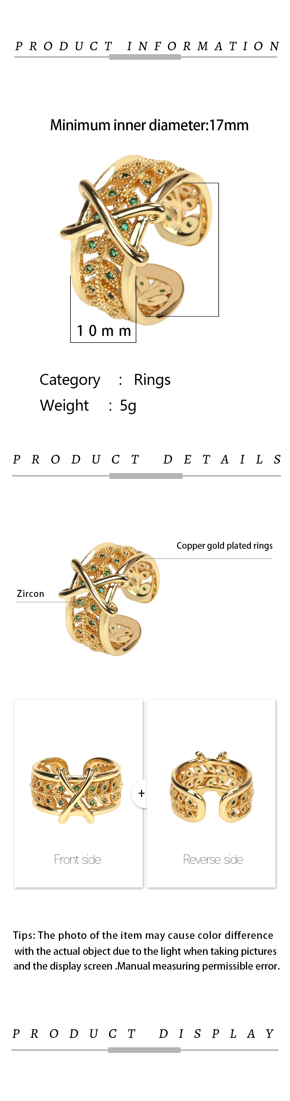 Wholesale IG Style Glam Commute Cross Leaves Copper Hollow Out Inlay 18K Gold Plated Zircon Open Rings