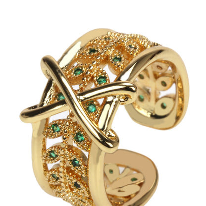 Wholesale IG Style Glam Commute Cross Leaves Copper Hollow Out Inlay 18K Gold Plated Zircon Open Rings