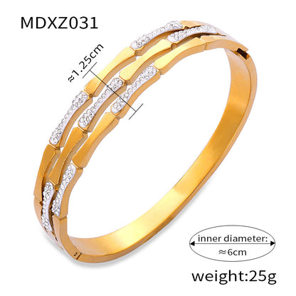 Titanium Steel 18K Gold Plated Retro Simple Style Plating Inlay Crown Bamboo Rhinestones Bangle