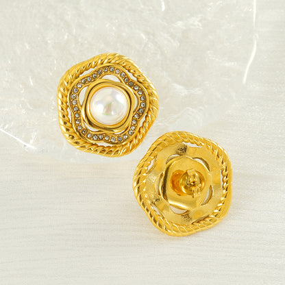 1 Pair Elegant Simple Style Flower Inlay Titanium Steel Artificial Pearls 18K Gold Plated Ear Studs