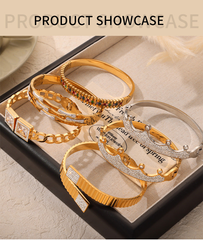 Titanium Steel 18K Gold Plated Retro Simple Style Plating Inlay Crown Bamboo Rhinestones Bangle