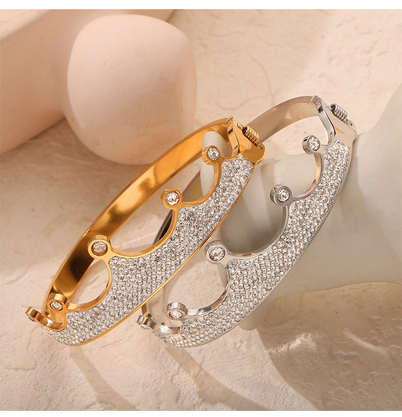 Titanium Steel 18K Gold Plated Retro Simple Style Plating Inlay Crown Bamboo Rhinestones Bangle