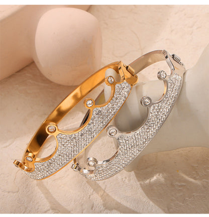 Titanium Steel 18K Gold Plated Retro Simple Style Plating Inlay Crown Bamboo Rhinestones Bangle