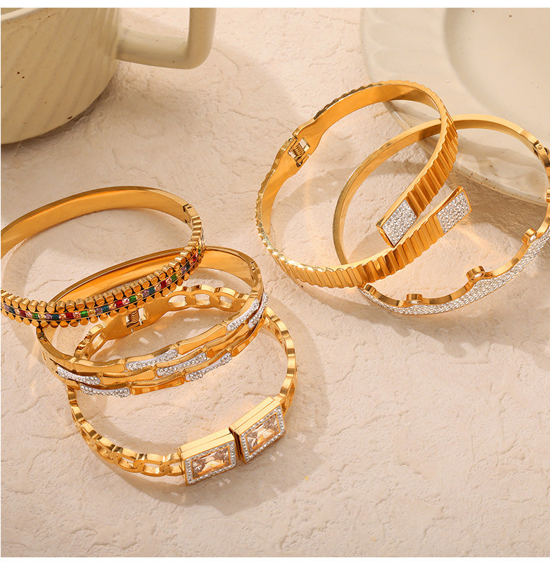 Titanium Steel 18K Gold Plated Retro Simple Style Plating Inlay Crown Bamboo Rhinestones Bangle