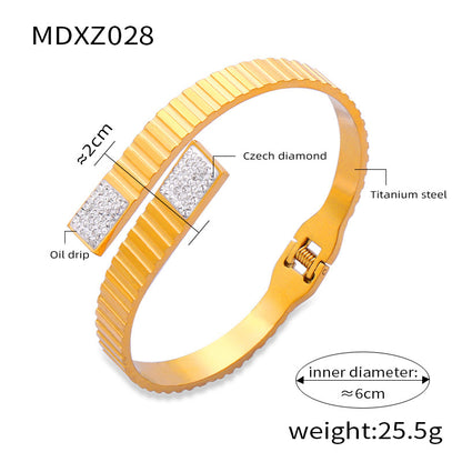 Titanium Steel 18K Gold Plated Retro Simple Style Plating Inlay Crown Bamboo Rhinestones Bangle