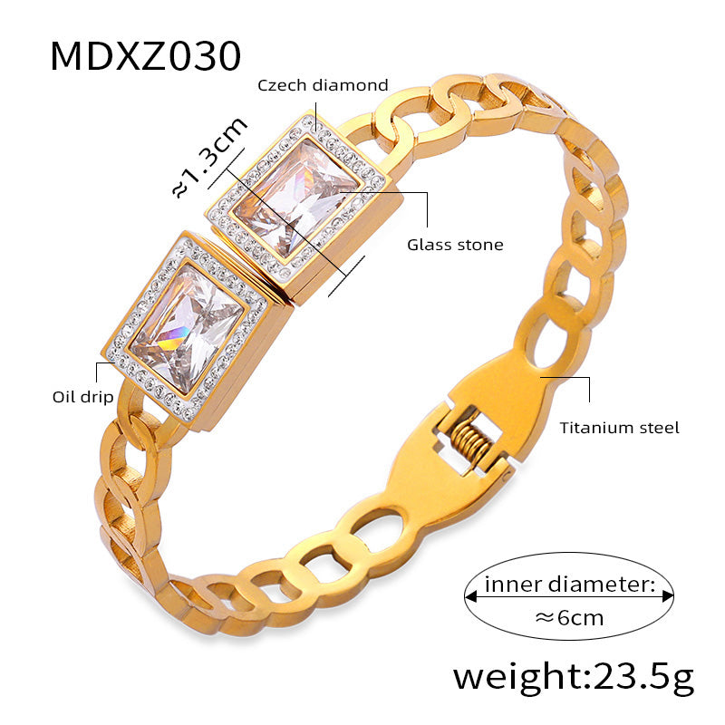 Titanium Steel 18K Gold Plated Retro Simple Style Plating Inlay Crown Bamboo Rhinestones Bangle