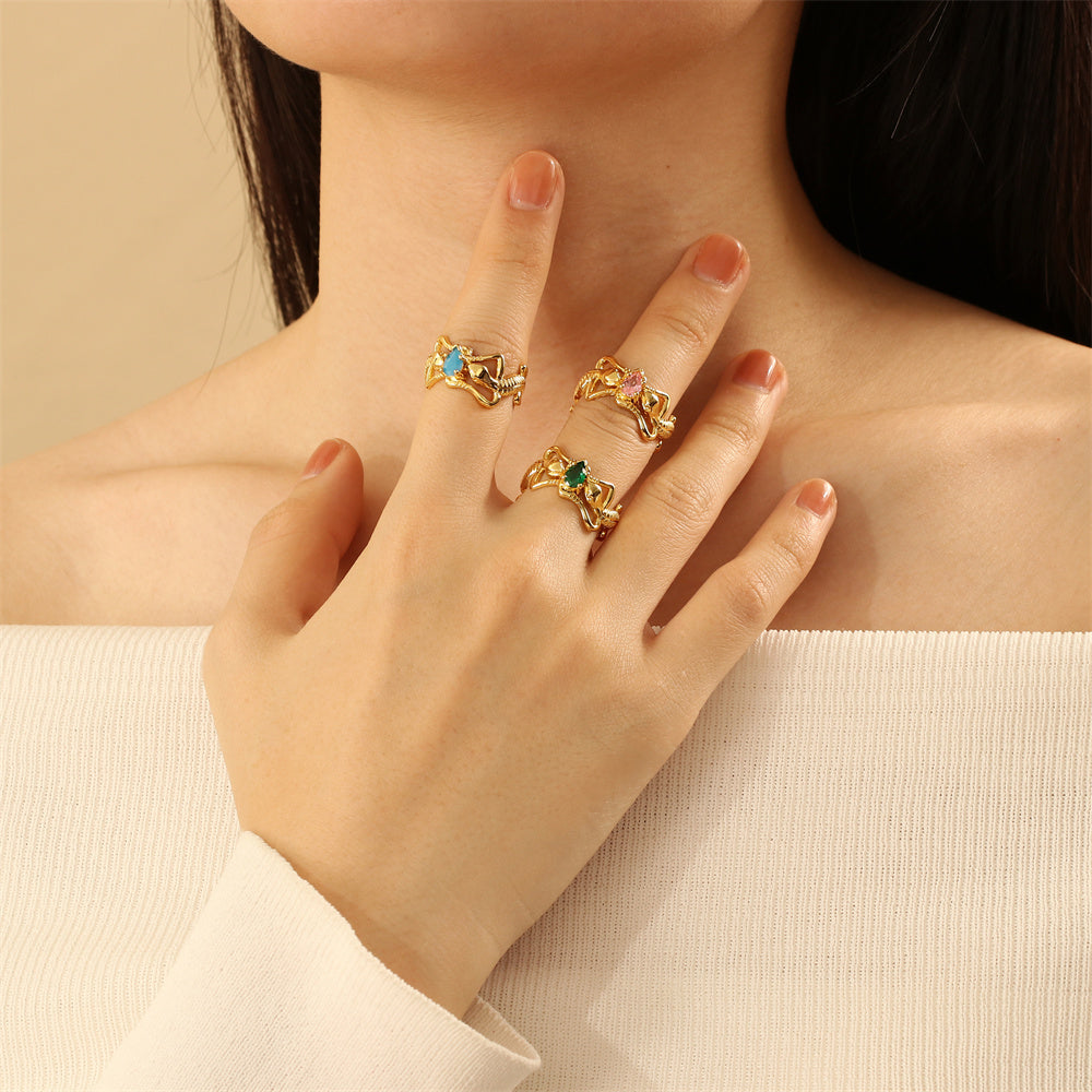 Wholesale IG Style Ethnic Style Commute Animal Water Droplets Copper Inlay 18K Gold Plated Zircon Open Rings