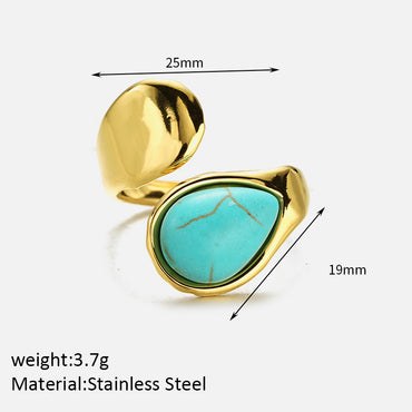 304 Stainless Steel Elegant Simple Style Inlay Water Droplets Turquoise Open Rings