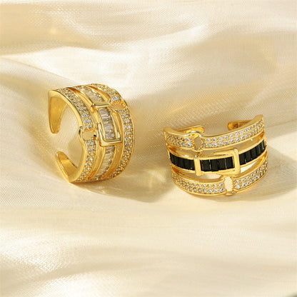 Wholesale IG Style Hip-Hop Commute Belt Copper Hollow Out Inlay 18K Gold Plated Zircon Open Rings