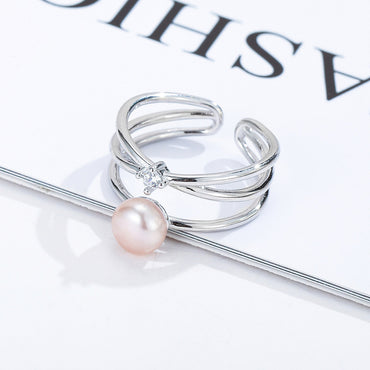 Sterling Silver White Gold Plated Elegant Glam Luxurious Polishing Plating Inlay Lines Pearl Zircon Open Rings