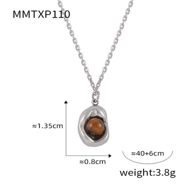 Titanium Steel 18K Gold Plated Casual Retro British Style Inlay Oval Tiger Eye Earrings Necklace