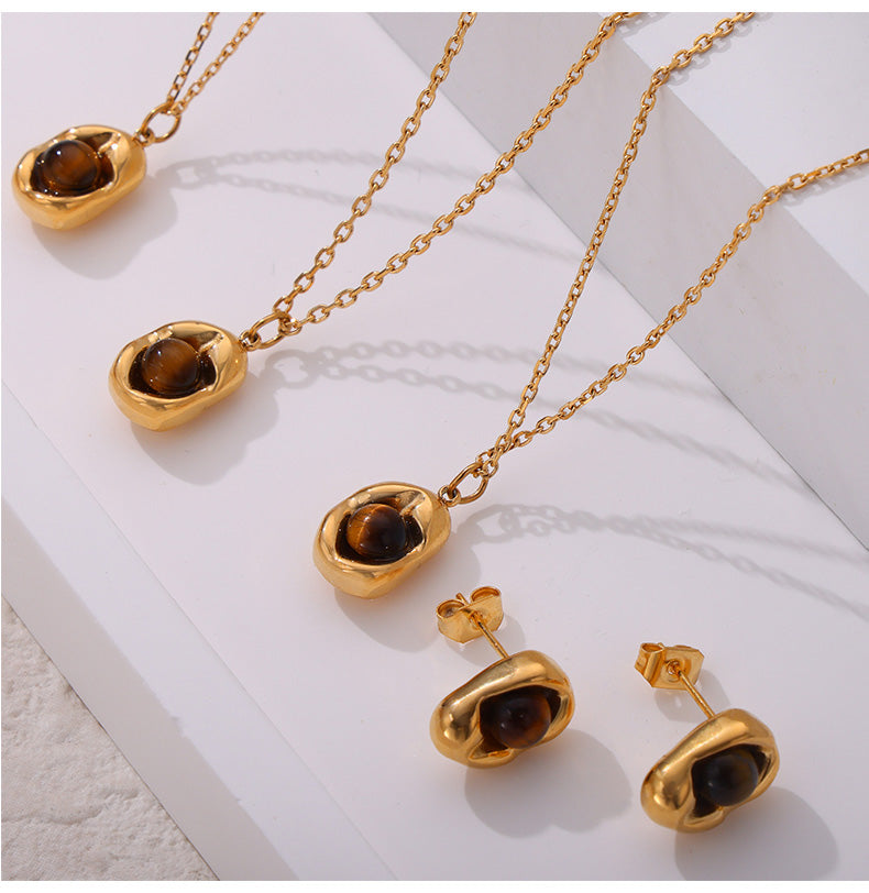 Titanium Steel 18K Gold Plated Casual Retro British Style Inlay Oval Tiger Eye Earrings Necklace