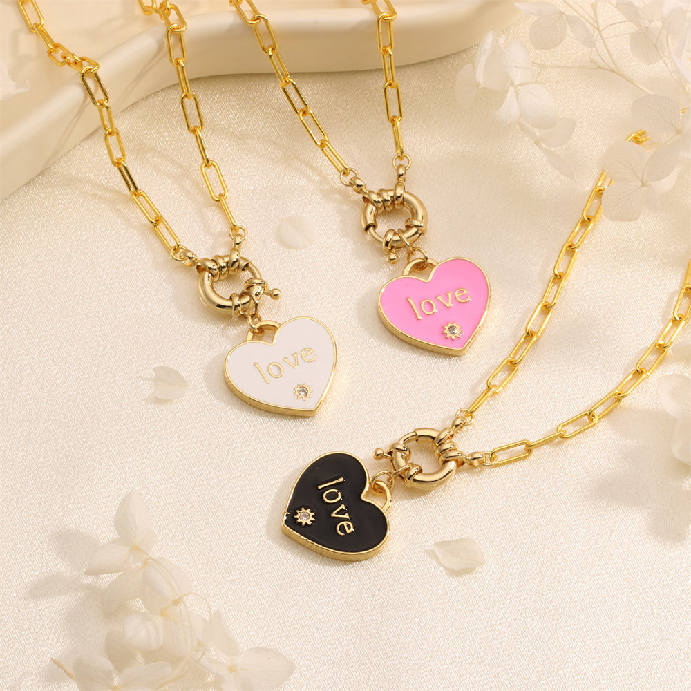 Copper 18K Gold Plated Simple Style Commute Enamel Inlay Heart Shape Zircon Pendant Necklace