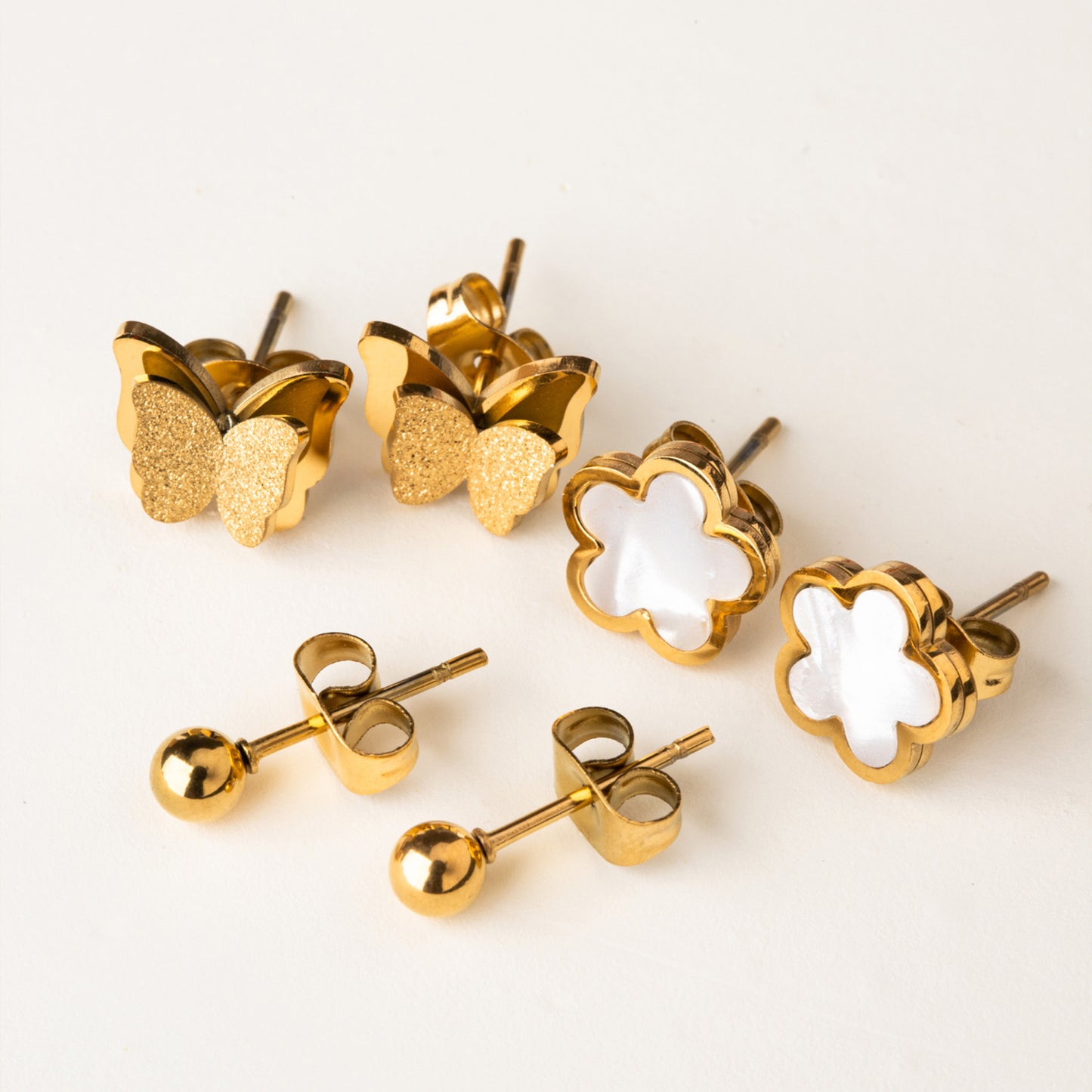 1 Set 3 Pairs Casual Simple Style Moon Flower Butterfly Plating Inlay Stainless Steel Shell Zircon Gold Plated Ear Studs