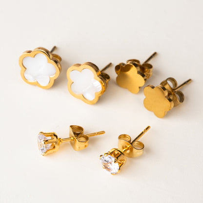1 Set 3 Pairs Casual Simple Style Moon Flower Butterfly Plating Inlay Stainless Steel Shell Zircon Gold Plated Ear Studs